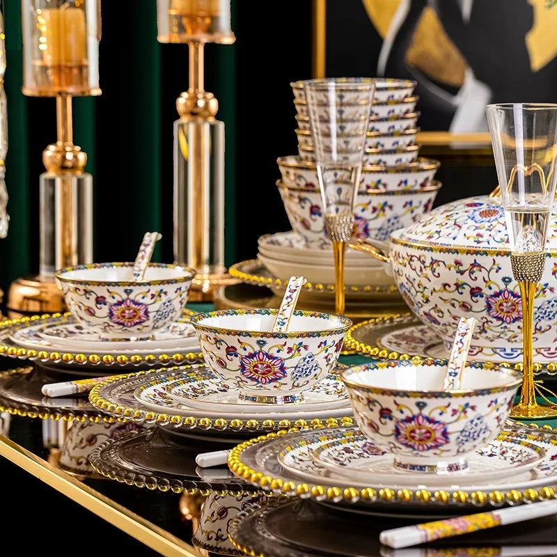 Luxury Enamel Flower Dinnerware Set Golden Rim White Porcelain Dinner Plates Soup Bowls Set Tableware for Wedding Gifts