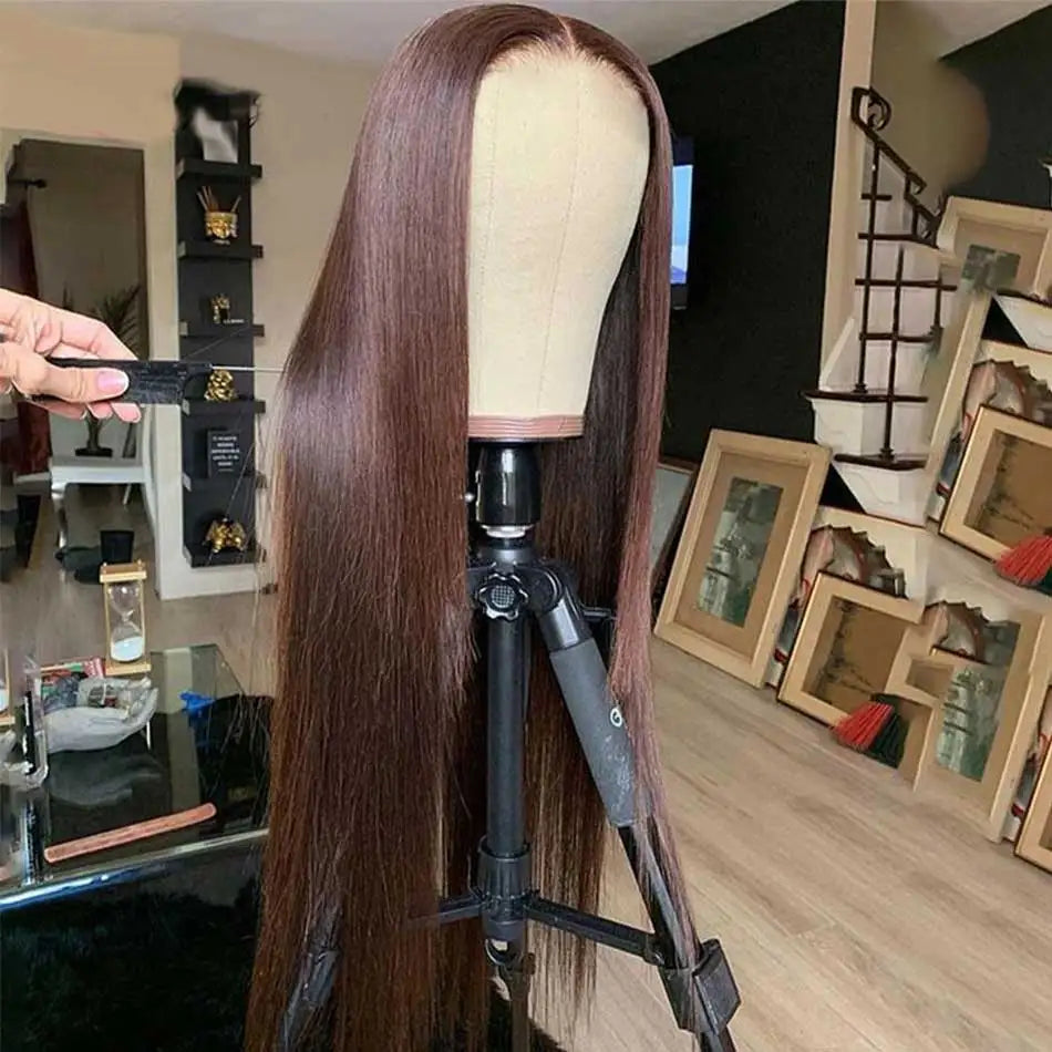 Premium Chocolate Brown Colored 13x4 HD Lace Front Human Hair Wigs Tuneful 30 Inch Raw Indian Straight Human Hair Frontal Wigs