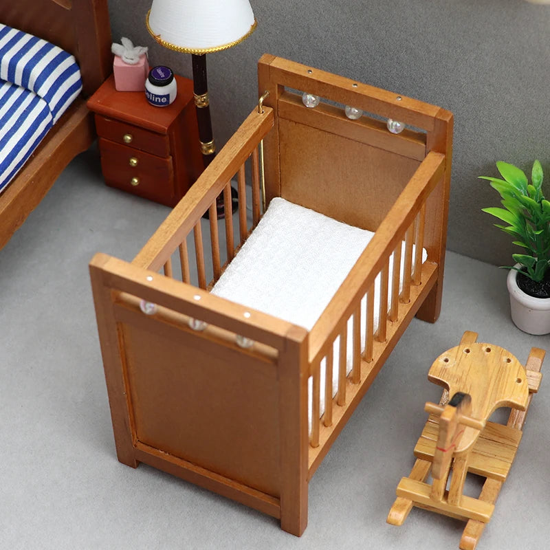 1:12 Doll House Dollhouse Mini Furniture Children's Room Pure Chestnut Crib White Mattress Small Bed
