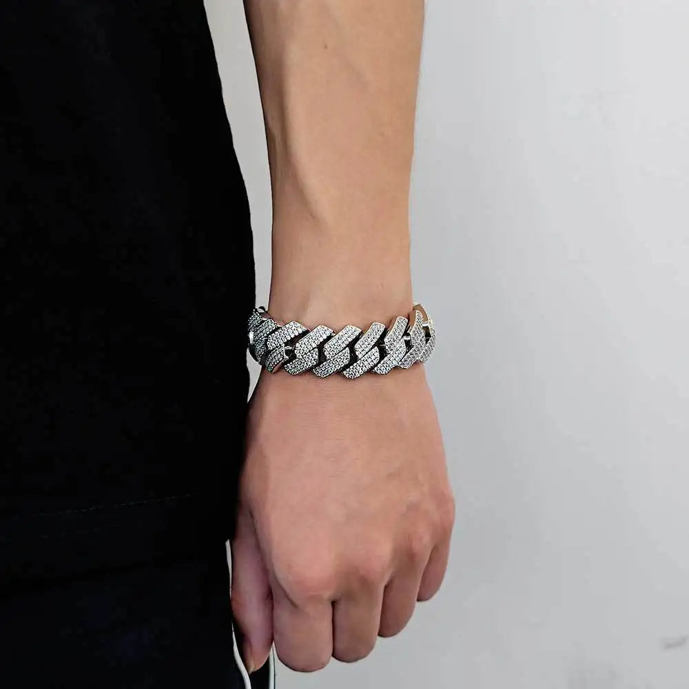 Men's Luxury 18K Gold Plated Cuban Bracelet Hip Hop Bling Style Diamond CZ Iced 20mm Geometric Zircon Main Stone Rhodium Plated