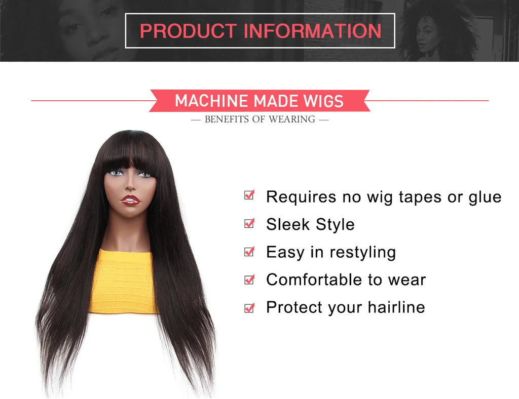 ISEEHAIR Machine Made Sew In Wig Human Hair Straight Wig  Malaysian Straight Wig with Bang Natural Color For Women Wigs No Glue