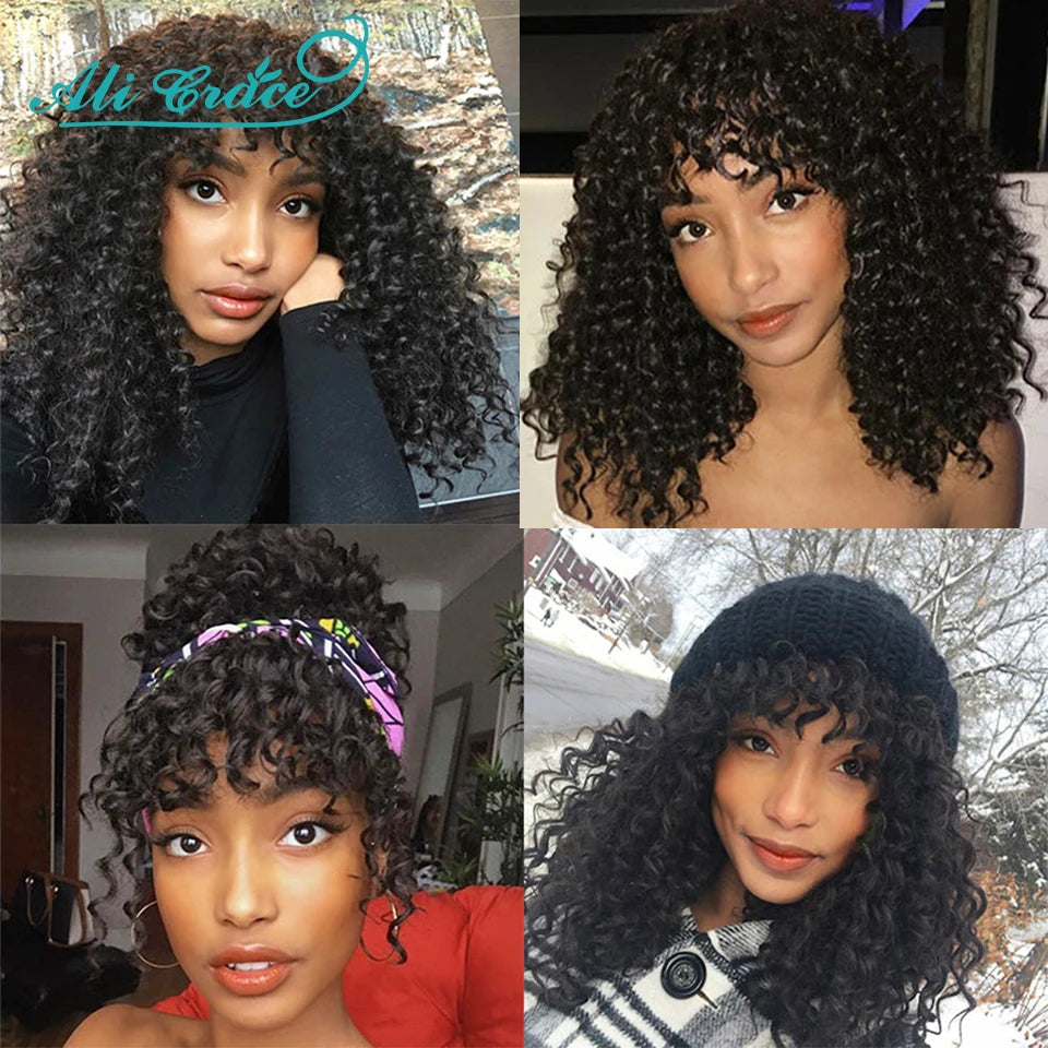 30CM Curly Human Hair Wigs With Bang Machine Made No Lace Wigs Cheap Full Curly Ali Grace Brazilian Hair Fringe Wig