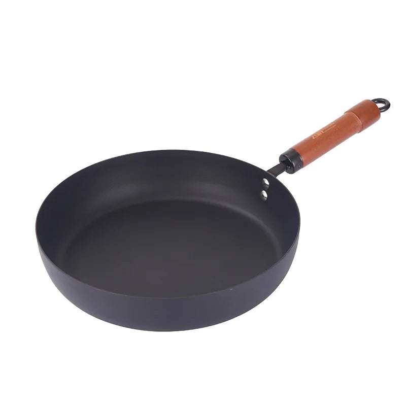 Extra Thick Nitrided Cast Iron Frying Pan Wood Grain Handle Tempered Glass Lid Non-Coated Non-Stick Surface CE Certified