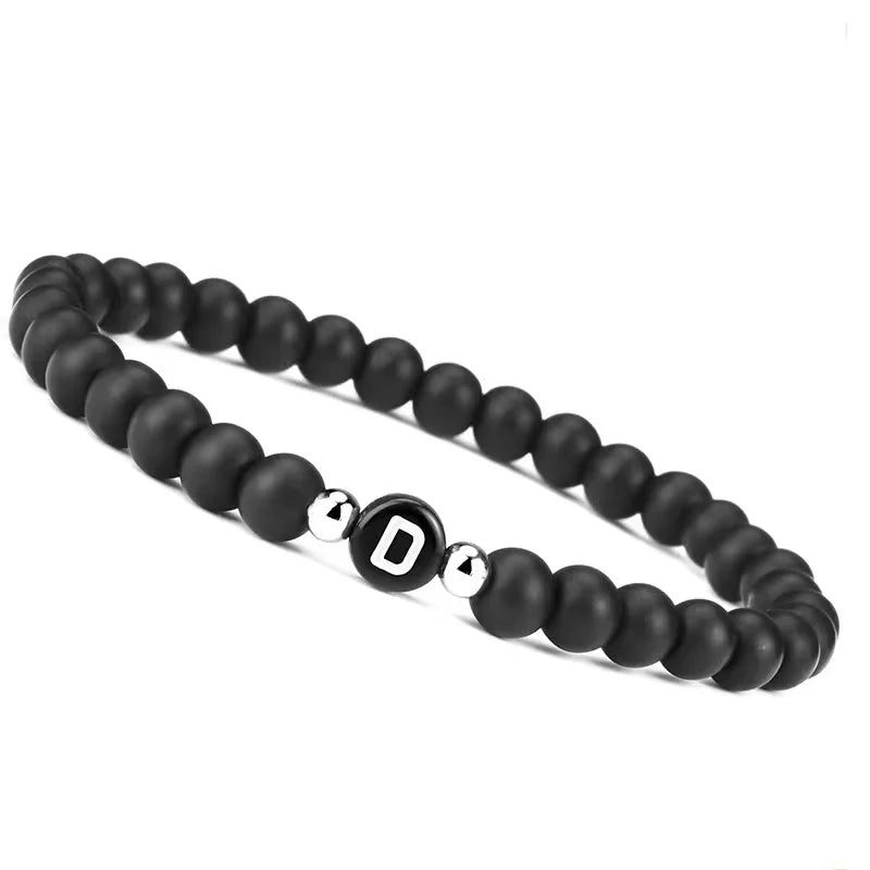 Personalized Enamel Charms Alphabet Initial 6MM Natural Black Onyx Agate Bead Small Letter Bracelet for Women
