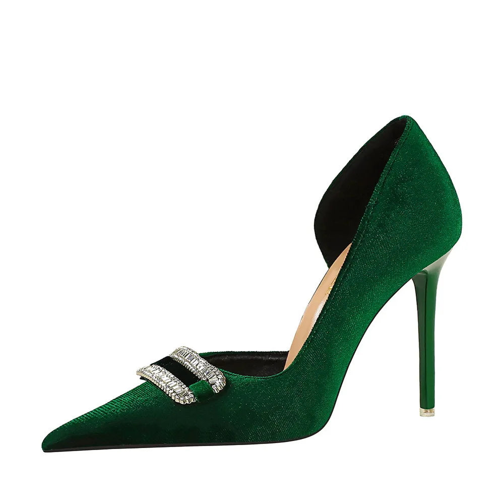 34-43 Elegant Banquet Thickened Suede Shallow Cut Pointed Side Hollow High Heels Rhinestone Buckle Super High Heels