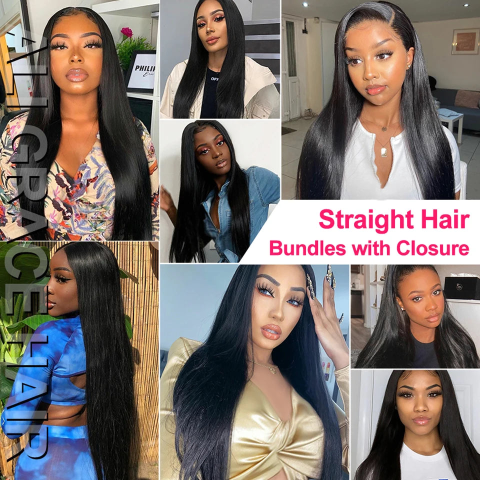 Ali Grace Straight Hair Bundles With Closure 4x4 Closure With Bundle Brazilian Human Hair Weave With Transparent Lace Closure