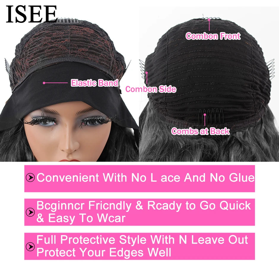 ISEE HAIR Headband Wig Natural Color Body Wave 100% Human Hair Wigs Scarf Wig Peruvian Hair Body Wave Wigs for Women