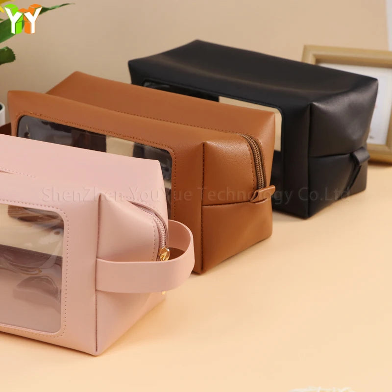 Portable Transparent PVC Toiletry Bags PU Leather Waterproof Zipper Wash Bag Women Makeup Cosmetic Bag for Traveling
