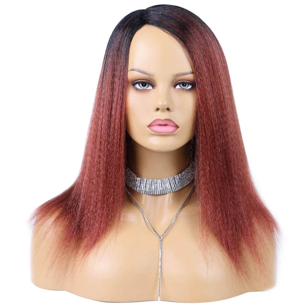 Wholesale 14 Inch Yaki Straight Afro Light Brown Lace Hair Wig Glueless Synthetic Middle Part Women  Machine-Made Long Wigs