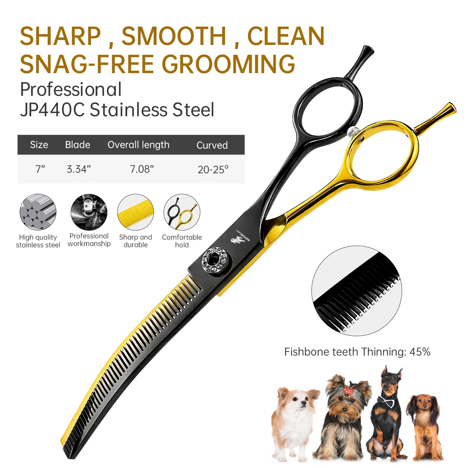 7.0 Inch  Black/gold 6CR Curved  Thinning Scissors  Paint  Shaped Scissors Pet Grooming Veterinary  Scissors PT-177