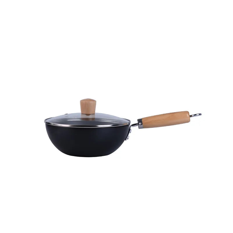 Extra Thick Nitrided Cast Iron Frying Pan Wood Grain Handle Tempered Glass Lid Non-Coated Non-Stick Surface CE Certified