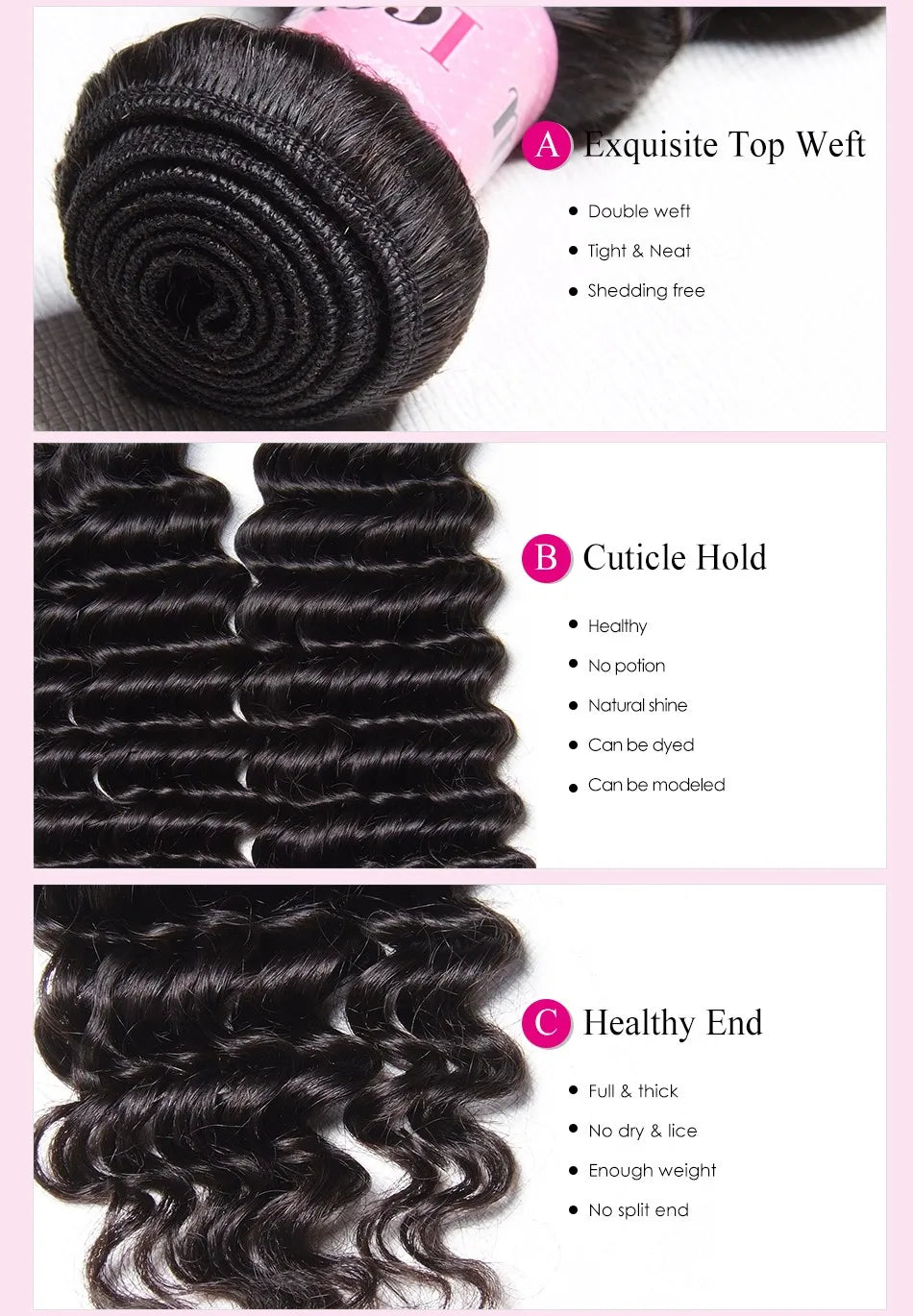 Unice Hair Deep Wave Brazilian Hair Weave Bundles 3 PCS Natural Color 100% Human Hair Weaving Remy Hair Extension 12-26 Inch