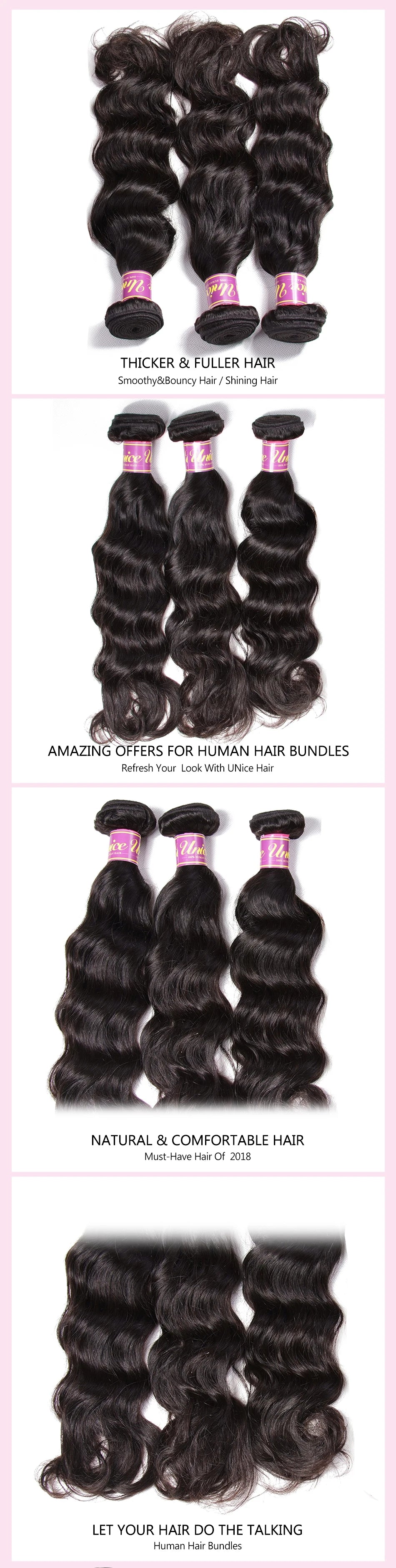Unice Hair 3PCS Natural Wave Peruvian Hair Bundles 100% Human Hair Weaves 8"-26" Natural Color Remy Hair Extension Free Shipping