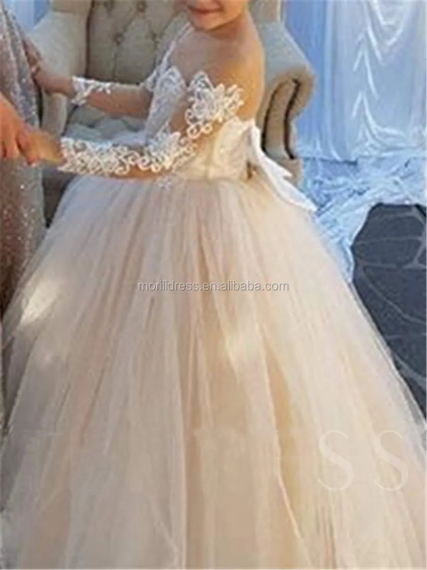 Morili Puffy Big Size Appliqued Lace Ball Gown Sheer Neck Long Sleeves Appliques Kids Wedding Flower Girl Dresses MFA295