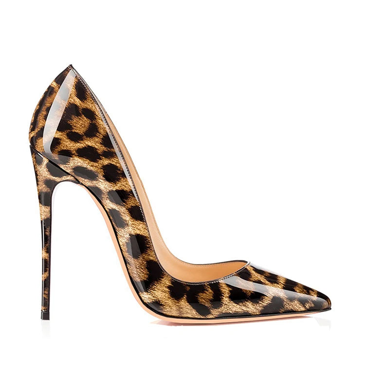 Large Size Leopard Patent High Heel Shoes for Women Girls Night Club Party Wear Summer Slip-On Style Thin Heels