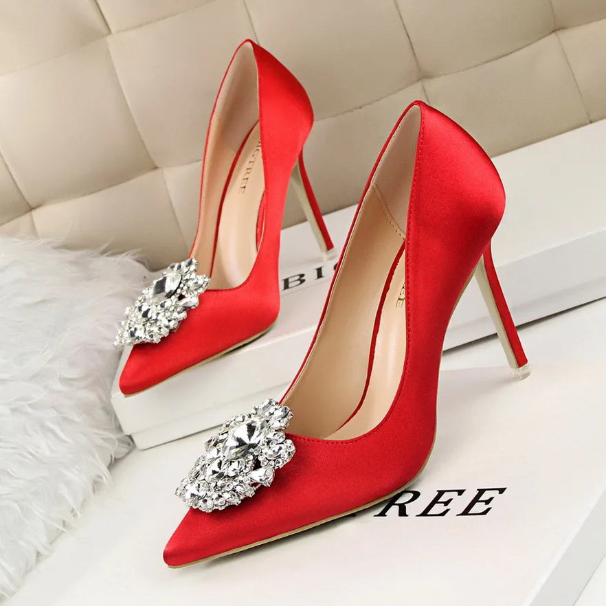 Chaussures a Talons Vert Tacones De Mujer Bling Rhinestone Green Elegant Women Wedding High Heels for Ladies Pumps Shoes
