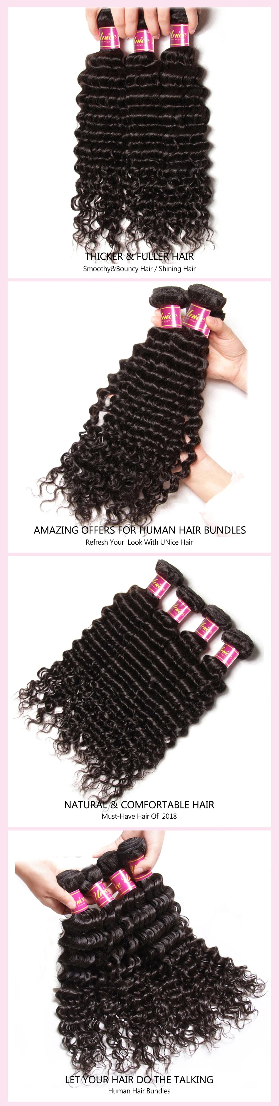 Unice Hair Deep Wave Brazilian Hair Weave Bundles 3 PCS Natural Color 100% Human Hair Weaving Remy Hair Extension 12-26 Inch
