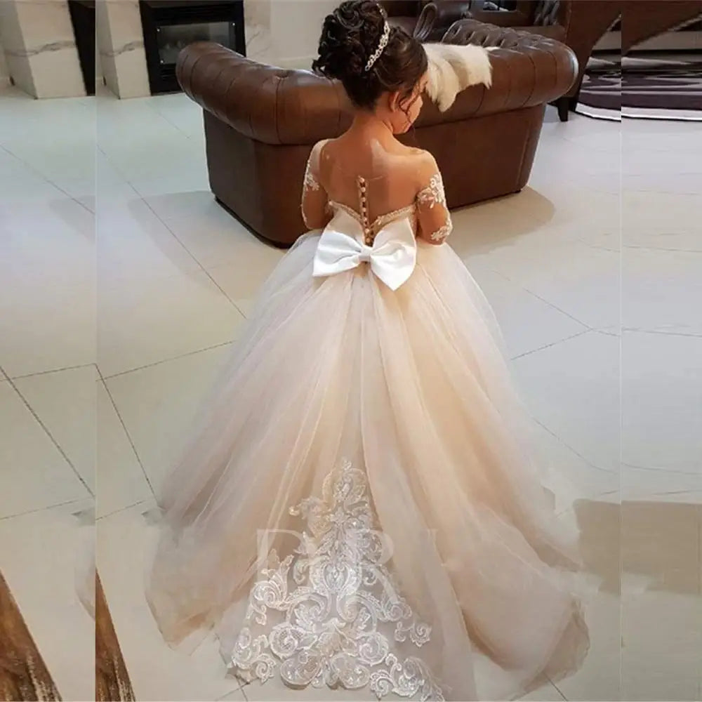 Morili Puffy Big Size Appliqued Lace Ball Gown Sheer Neck Long Sleeves Appliques Kids Wedding Flower Girl Dresses MFA295