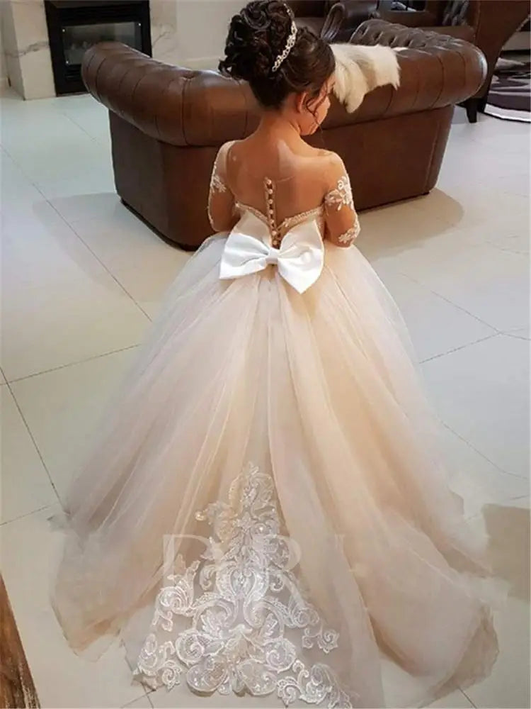 Morili Puffy Big Size Appliqued Lace Ball Gown Sheer Neck Long Sleeves Appliques Kids Wedding Flower Girl Dresses MFA295