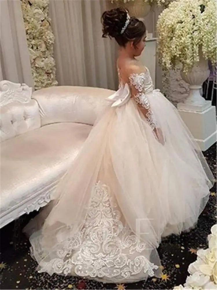 Morili Puffy Big Size Appliqued Lace Ball Gown Sheer Neck Long Sleeves Appliques Kids Wedding Flower Girl Dresses MFA295