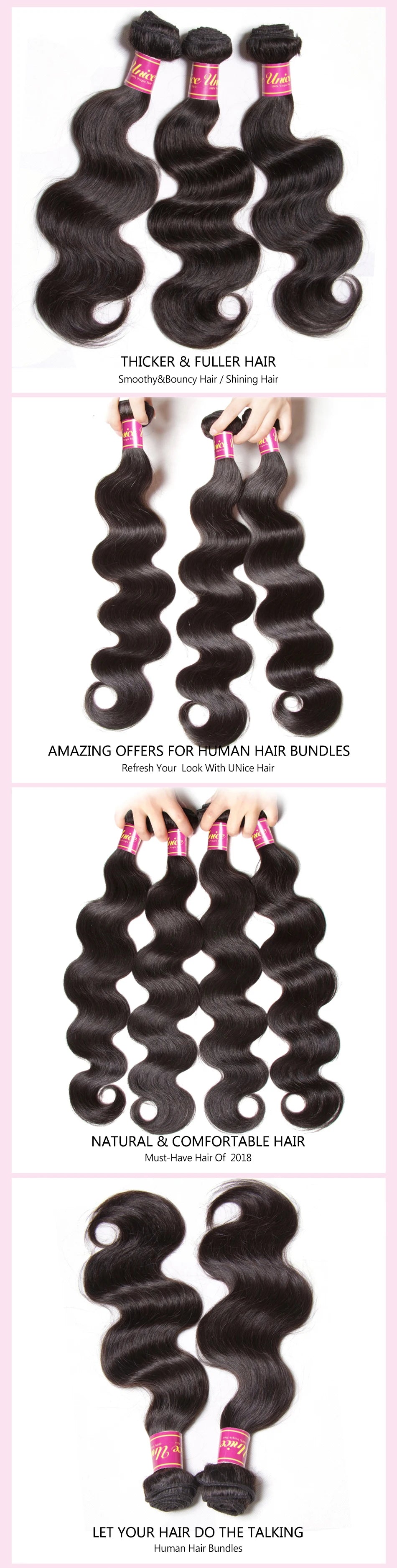 UNICE Hair Bundles Malaysian Body Wave 4 Bundles 100% Remy Hair Weaving Natural Color Human Hair Weaves 8-30inch Free Shipping