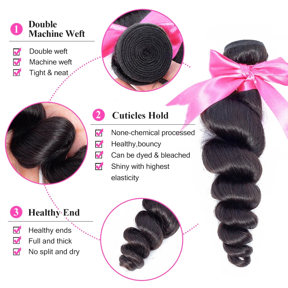 ISEE HAIR Brazilian Loose Wave Human Hair Extension 3 Bundles 100% Remy Hair Weave Bundles Nature Color bundles raw hair