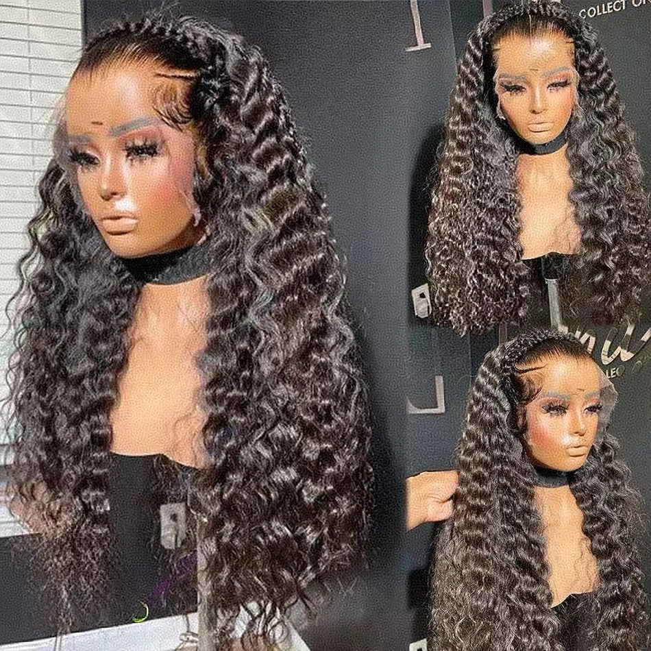 Wholesale Brazilian 13x4 HD Human Hair Lace Front Wig Deep Wave Water Wavy Raws Transparent Swiss Lace Frontal Black Women