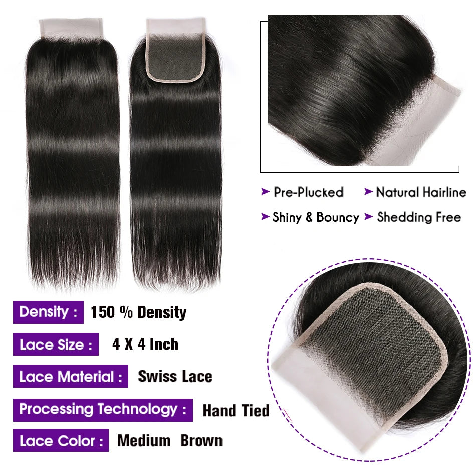 Unice hair Free Shipping Peruvian Virgin Hair With Closure 3 Bundles Peruvian Straight Hair Wefts 12A Grade Peruvian Middle Part