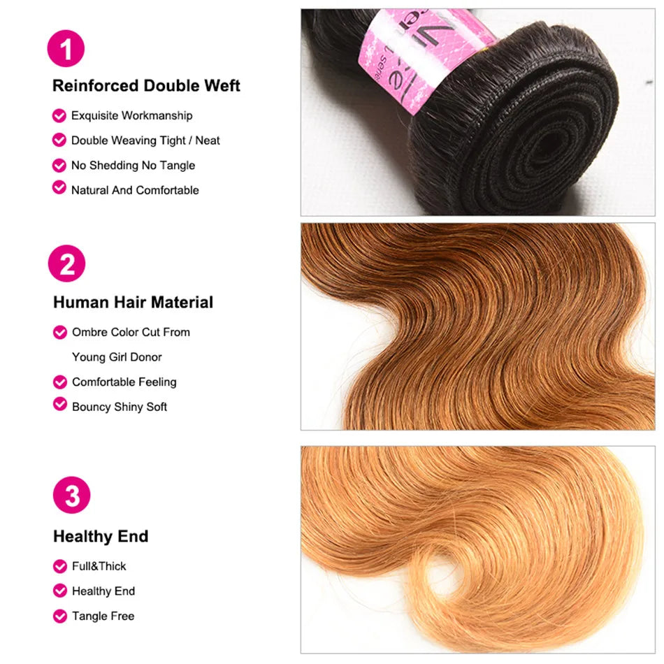 UNICE HAIR Ombre Hair Bundles Brazilian Body Wave 3 Bundles 100% Human Hair Weaves Remy Hair Extension 16-26inch Free Shipping