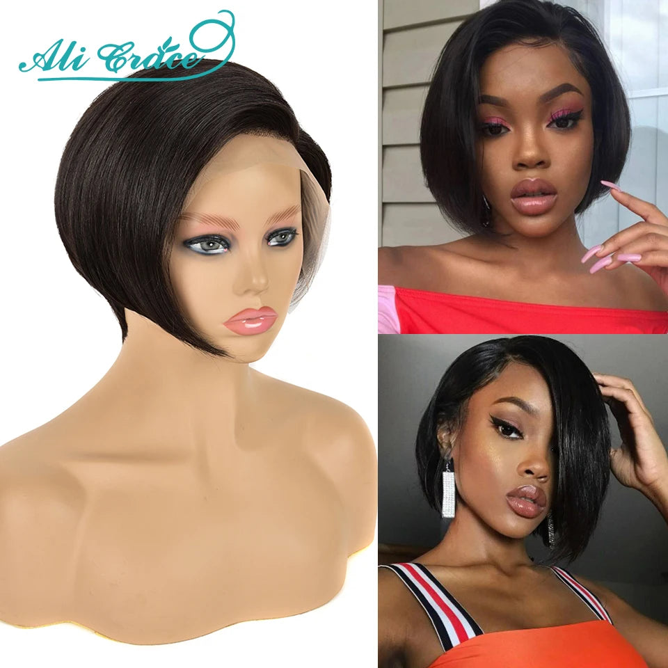 20CM Pixie Cut Blunt Bob Hair Wig Brazilian Short Straight Hair Wigs Pre-plucked Pixie Cut Ali Grace Lace Part Lace Wigs
