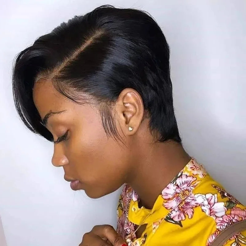 8 Inch 13*4 Pixie Short Straight Remy Hair Wig French Lace Base Material Transparent Lace Front Human Hair Frontal Extension