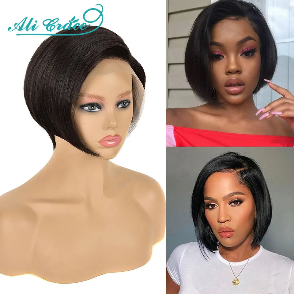 20CM Pixie Cut Blunt Bob Hair Wig Brazilian Short Straight Hair Wigs Pre-plucked Pixie Cut Ali Grace Lace Part Lace Wigs