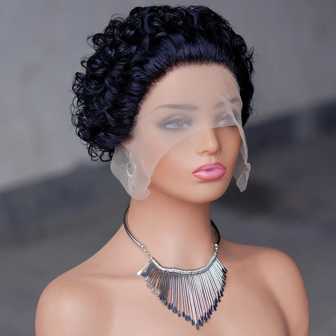 Cheap 13x1 Lace Pixie Cut Curly Wig Natural Brazilian 150% Density Pixie Curly Human Hair Wig 100% Human Hair