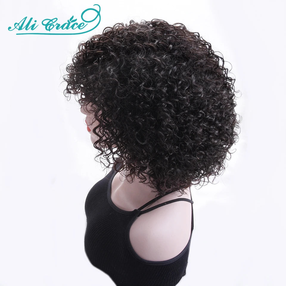 30CM Curly Human Hair Wigs With Bang Machine Made No Lace Wigs Cheap Full Curly Ali Grace Brazilian Hair Fringe Wig