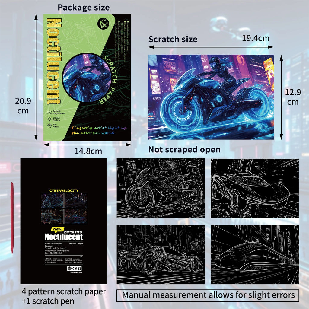 New Cyberpunk Glow in the Dark Scratch off Painting Will Shine Motorcycle Sports Car Creative Scratch Book