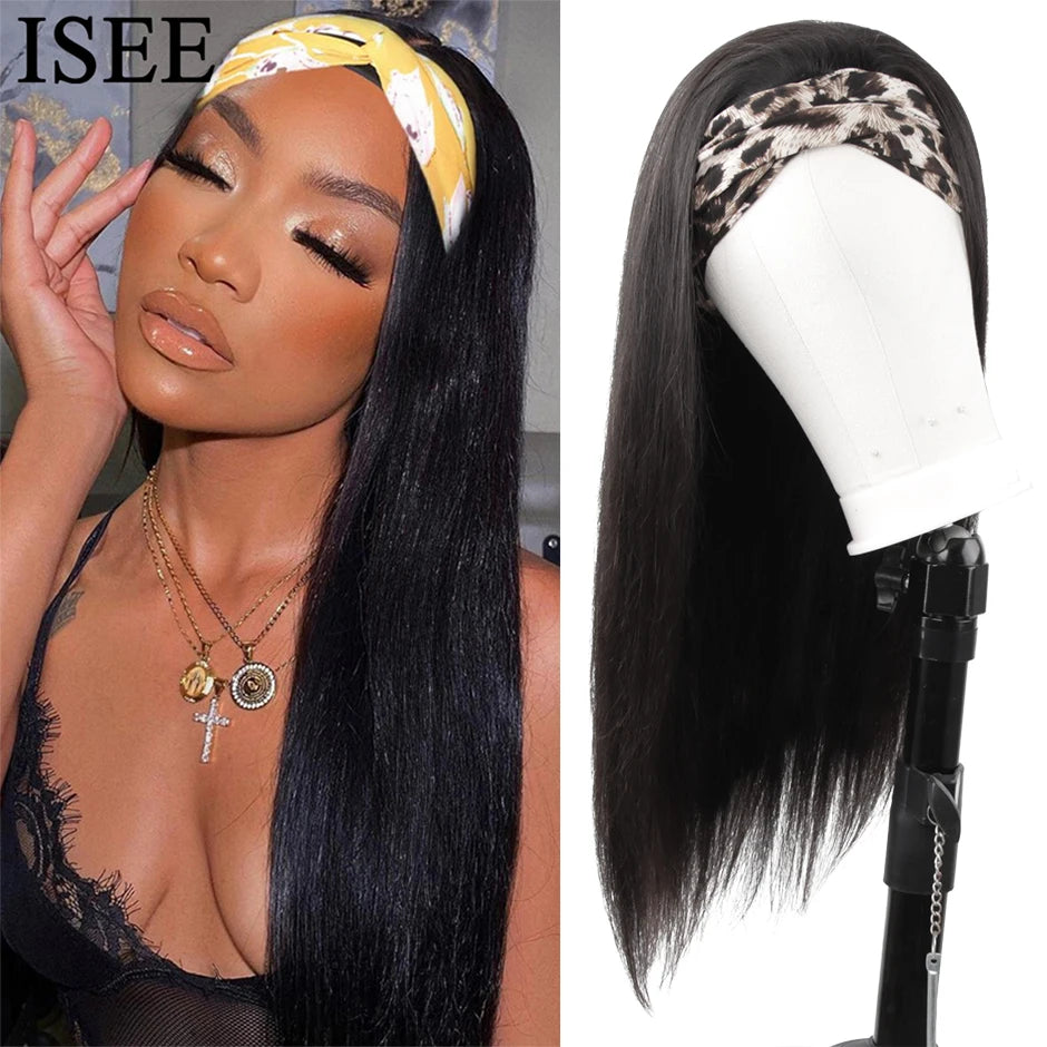 ISEEHAIR Straight Headband Wig Human Hair Wigs 180% Density Peruvian Straight Hair Wig Full Machine Made Wig For Black Women