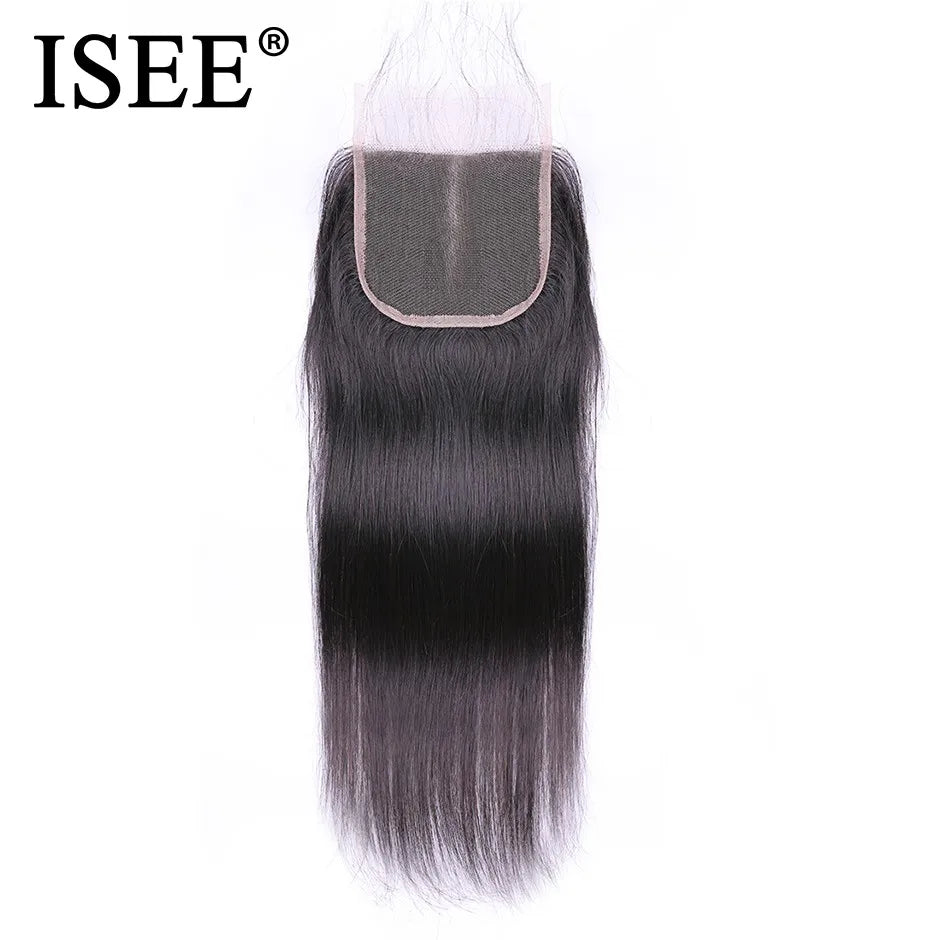 ISEE HAIR Peruvian Straight Hair Lace Closure HD 4"*4" Free Part 100% Remy Human Hair Medium Brown Lace Closure