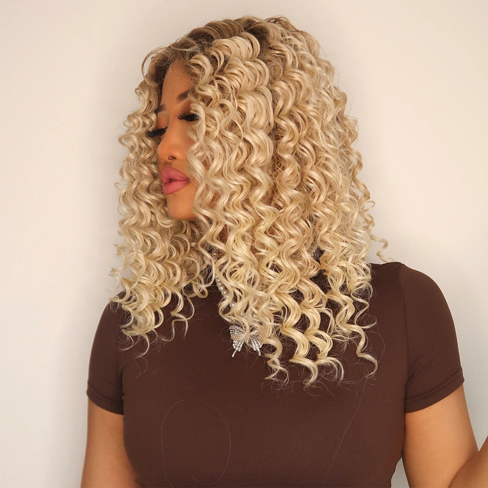 Peluca Women Blonde Kinky Curly Hair Wigs Medium Length Lace Frontal Wigs for Black Women