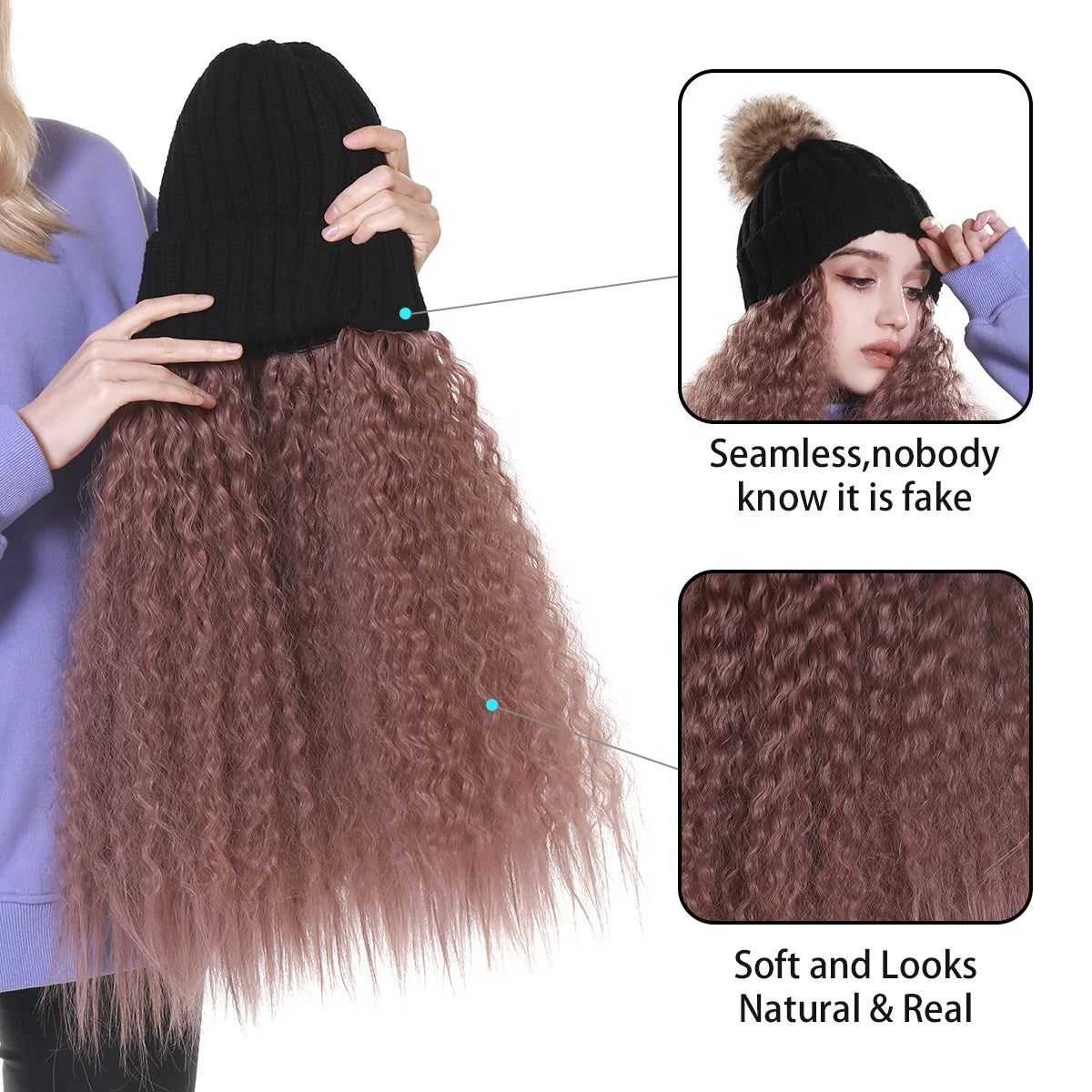 Fashion Warm Winter Beanie Kinky Curly Hair Wig Attached Hat Cap With Hair Natural Brown Long Synthetic Wig for Black Women