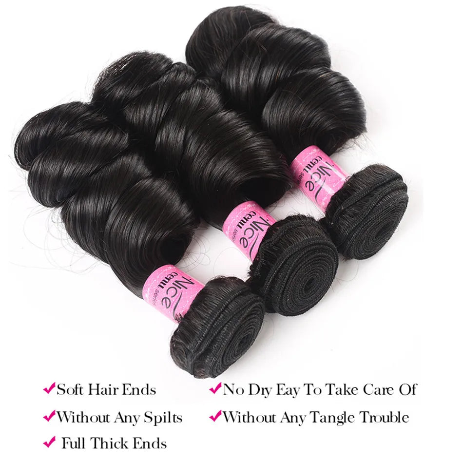 UNice Hair Brazilian Loose Wave Hair Extension 3 PCS 100% Human Hair Bundles Remy Hair Weave 16-26 Inch Natural Color