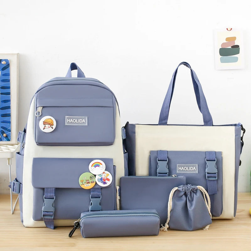 Five-Piece Schoolbag Student Korean Style Backpack Simple Cute Large-Capacity Backpack Wholesale 932