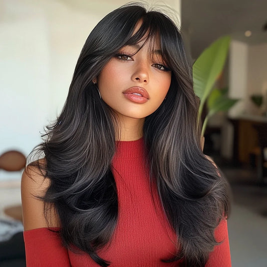 2025 Tea Black Color Synthetic Wigs with Bangs Long Natural Wavy Hair Wig for Women Daily Use Cosplay Party Heat ResistantSM7235
