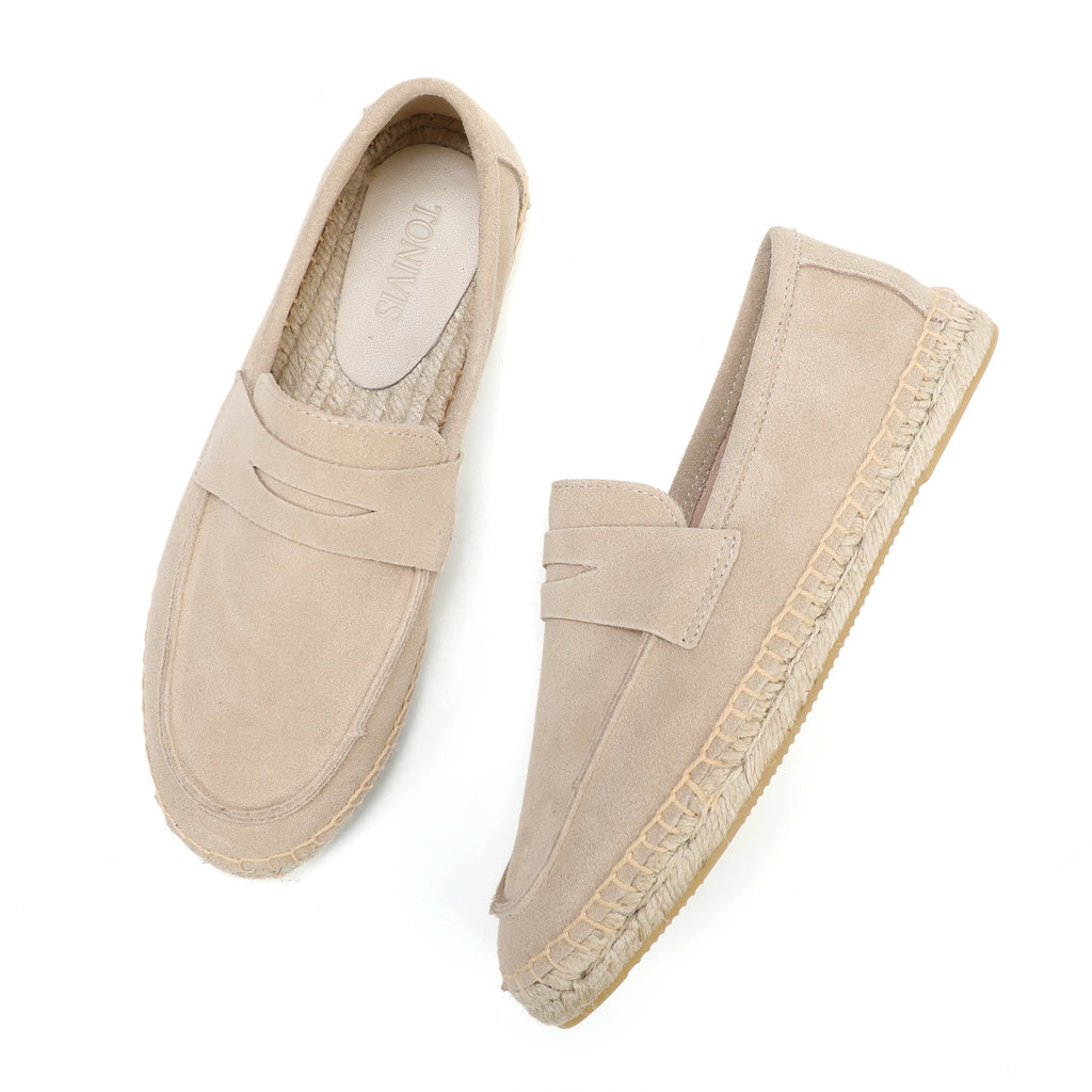Women's Suede Leather Espadrilles Slip-On Loafers Fashionable Toe Comfortable Flat Shoes Unisex 100% Natural Handmade
