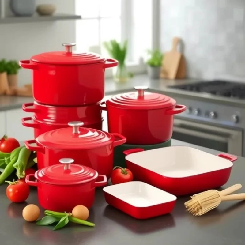 14-Piece Modern Design Cast Iron Enamel Pot Set for Kitchen Use Parties Includes Frying Pan Stew Pot Seafood Pot Food Storage