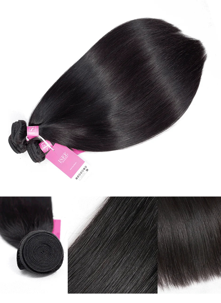 ISEE Brazilian Remy Hair Straight 100% Unprocessed Human Hair Bundles 3 Bundles Hair Weaves Nature Color Can be Dyed