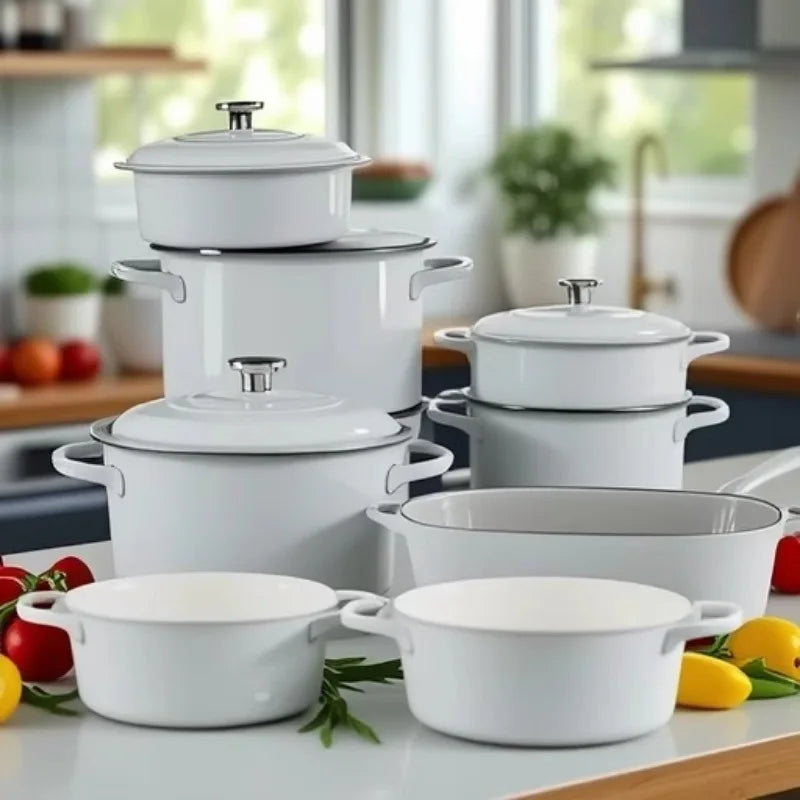 14-Piece Modern Design Cast Iron Enamel Pot Set for Kitchen Use Parties Includes Frying Pan Stew Pot Seafood Pot Food Storage