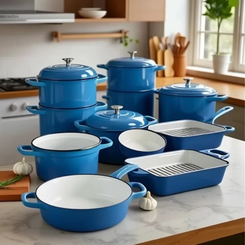 14-Piece Modern Design Cast Iron Enamel Pot Set for Kitchen Use Parties Includes Frying Pan Stew Pot Seafood Pot Food Storage