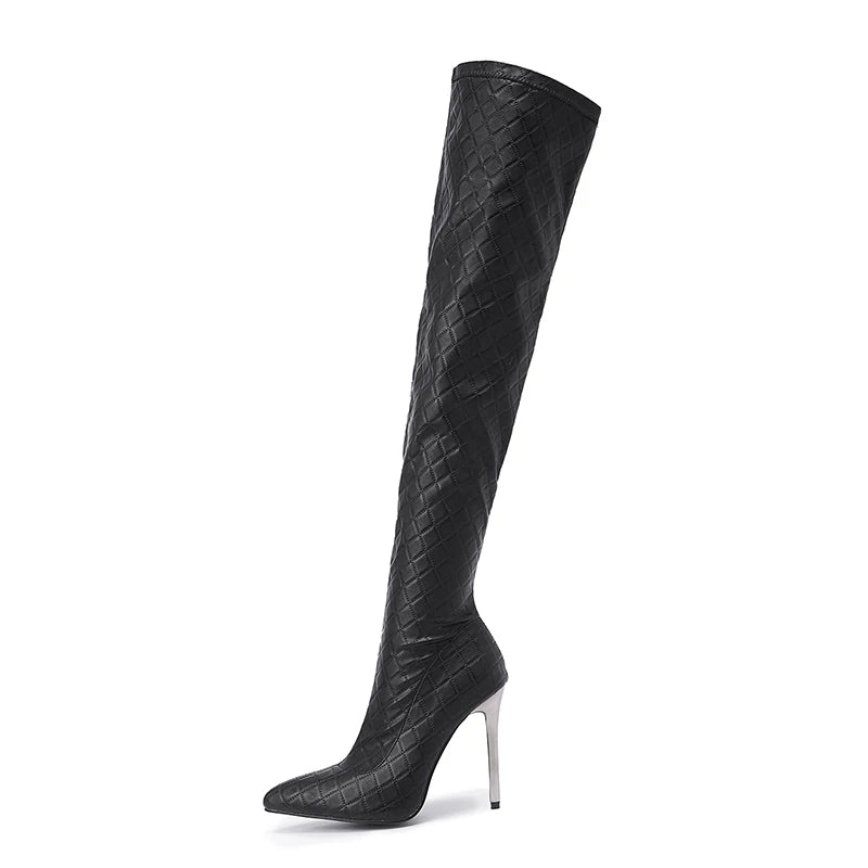 Plaid Femme Stivali Donna Chaussures Talon Bottes Fashion Ladies Spike Heels Black Women's Knee High Boots