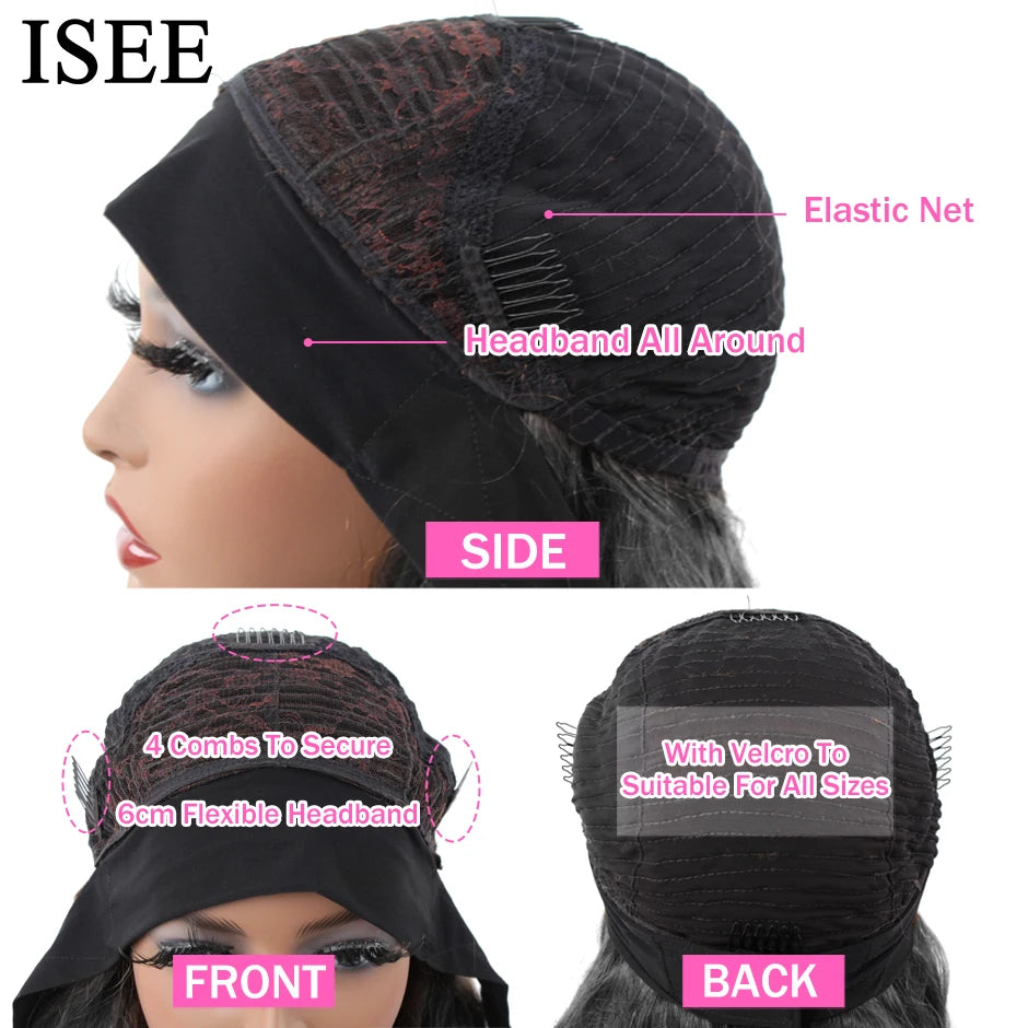 ISEE HAIR Headband Wig Natural Color Body Wave 100% Human Hair Wigs Scarf Wig Peruvian Hair Body Wave Wigs for Women