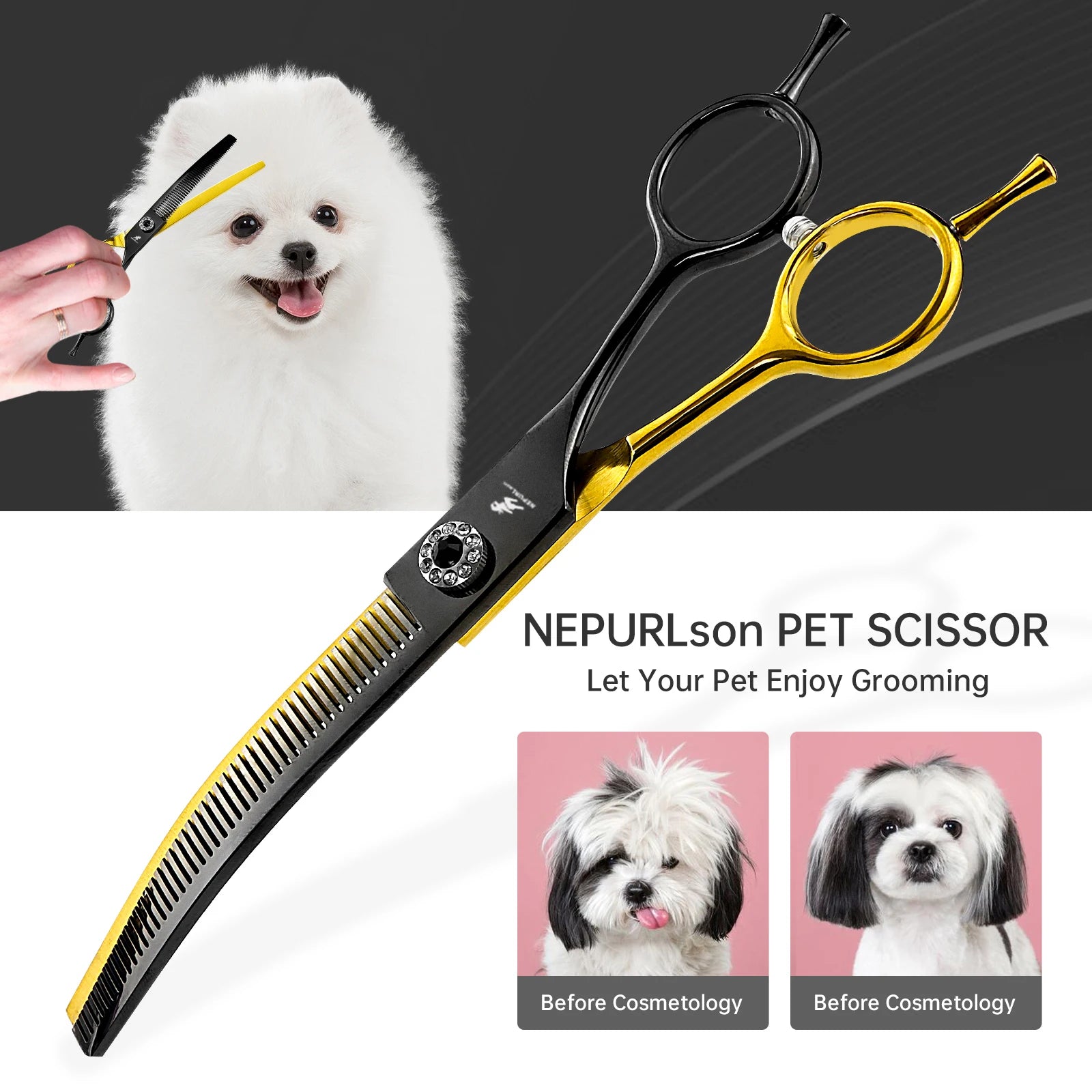 7.0 Inch  Black/gold 6CR Curved  Thinning Scissors  Paint  Shaped Scissors Pet Grooming Veterinary  Scissors PT-177